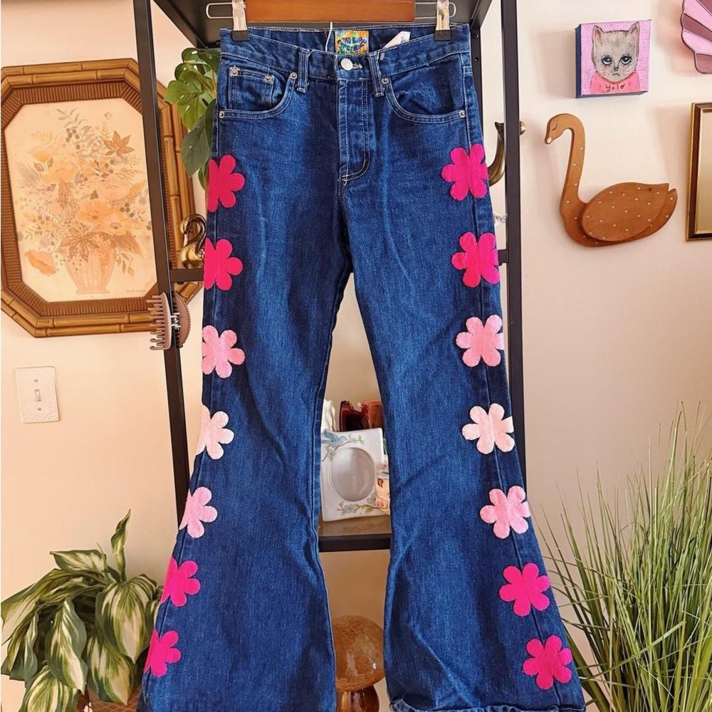 Paris Blues Dark Blue Flare Jeans with Pink Floral Appliqués